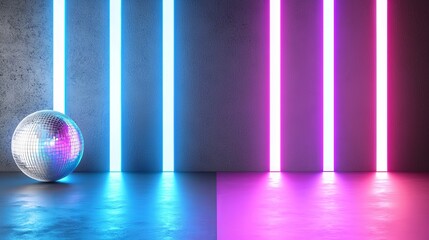 Poster - Geometric neon background with polygonal structure, cyber space virtual reality, podium where products can be displayed, neon lights, retro sci-fi theme