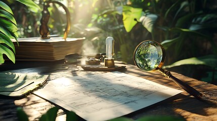Vintage compass, magnifying glass, map and steam punk lamp on a wooden table in a tropical forest.