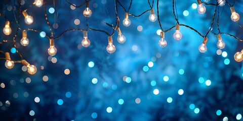 Wall Mural - softly glowing festive lights against a beautifully blurred blue background create a warm and inviti