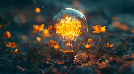 Glowing Lightbulb with Sparkles Inside, 3D Illustration