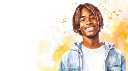 Teen Black Man with Brown Straight Hair watercolor illustration.