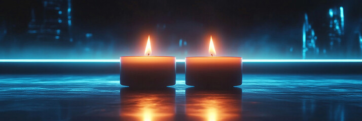 Sticker - Two candles burning brightly against a futuristic blue neon background.