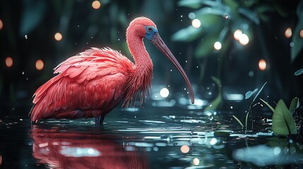 Canvas Print -   A pink bird perched on lily-padded water