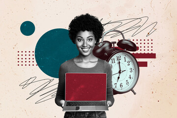 Poster - Composite artwork collage image picture of girl laptop empty space alarm isolated on creative background