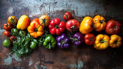 Poster -   A variety of vegetables arranged on a wooden table with chipped paint and faded wallpaper in the background