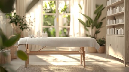 An empty cosmetologist's room with a few cosmetics and massage tables in a modern beauty salon. Interior of a medical cabinet. Modernized cosmetic clinic for health care.