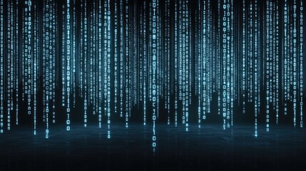 Fototapete - Blue binary code pours down in a mesmerizing digital rain, creating an abstract backdrop filled with shimmering stars that enhances its futuristic atmosphere