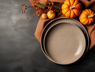 lat lay composition of autumn harvest pottery and copy space. Rustic stoneware with fall decor. neutral plate on neutral background with pumpkins and herbs. Wabi sabi potteryn. Food blog concept