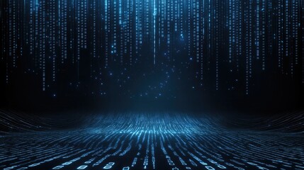 Fototapete - Blue binary code pours down in a mesmerizing digital rain, creating an abstract backdrop filled with shimmering stars that enhances its futuristic atmosphere.