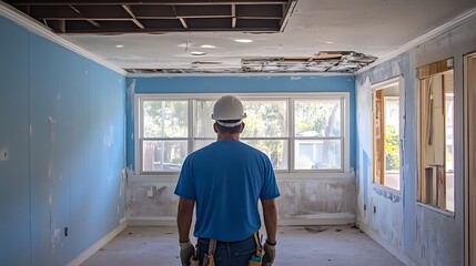 A construction worker wearing a blue shirt and white hard hat is standing in the middle of an unfinished kitchen with windows on one side