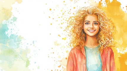 Teen Indian Woman with Blond Curly Hair watercolor illustration.