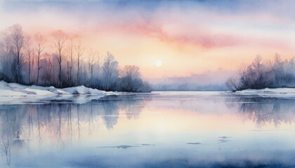  Watercolor serene winter landscape with misty river and bare trees against pastel sky
