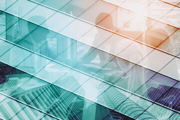 Wall Mural - double exposure image of faded business abstract background with office building and people conferen