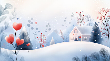 a cute winter scene, christmas themed , whimsical illustration art style