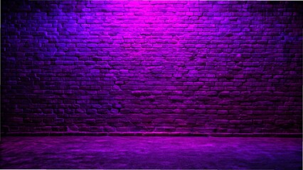 A dark brick wall illuminated by neon purple lights, showcasing a rough concrete floor and a vibrant lighting effect.