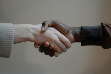 Close up on a handshake of two diverse persons. Diversity equity and inclusion concept. Business deal. High quality photo