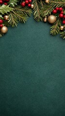 Wall Mural - This flat lay arrangement showcases festive green and gold Christmas decorations, including ornaments and pine branches, all set against a dark teal backdrop with twinkling lights