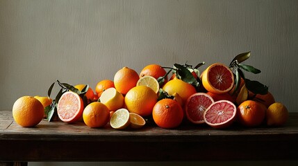 Poster -   A stack of oranges and grapefruits on a wooden table beside a wall