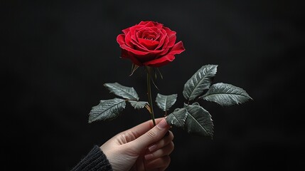 Poster -   Person holding red rose against black background with solitary flower in foreground