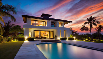 Elegant modern villa with a serene swimming pool at sunset in a tropical paradise, showcasing stunning architecture and vibrant sky colors