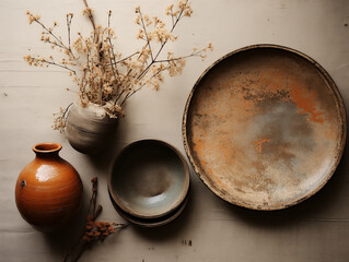 lat lay composition of autumn harvest pottery and copy space. Rustic stoneware with fall decor. neutral plate on neutral background with pumpkins and herbs. Wabi sabi potteryn. Food blog concept