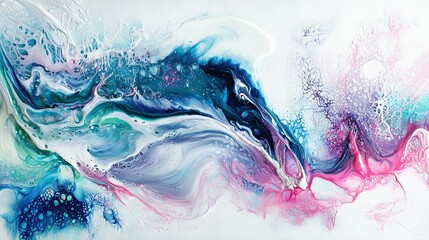 Wall Mural -   An abstract painting in shades of blue, pink, and white on a pure white canvas with water droplets and bubbles