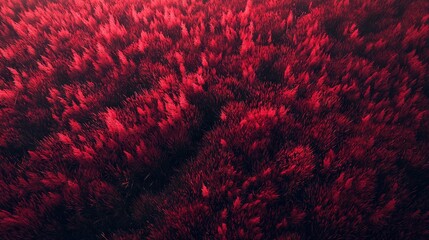 Wall Mural -   Red plants arranged in rows on a field of red grass, surrounded by a dark sky