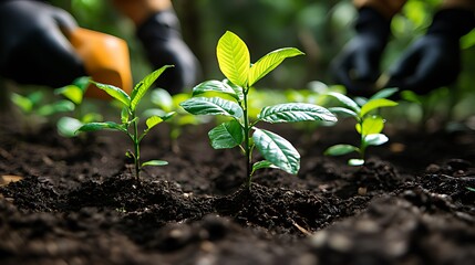 Close-up of hands planting young saplings in rich soil.