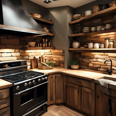 A cozy rustic kitchen featuring wooden cabinetry, exposed brick walls, and modern appliances. The space is illuminated by natural light and decorated with kitchenware.