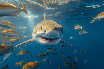 A great white shark swimming among a school of fish in the clear blue ocean