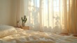 © Nova Widiawati - Sunlight streams through sheer curtains illuminating a bedroom with a bed, nightstand, and a potted cactus.