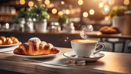 A warm coffee and freshly baked croissant on a wooden table in a cozy café during the morning hours