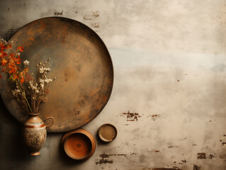 Flat lay composition of autumn harvest pottery and copy space. Rustic stoneware with fall decor. Neutral plate on neutral background with pumpkins and herbs. Wabi sabi potteryn. Food blog concept