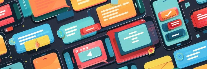 Poster - Bright smartphone screens showcase lively stories and short clips, highlighting social interactions in a trendy cafe setting. Generative AI