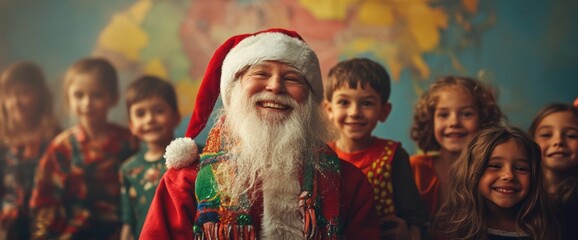 Santa Claus poses with joyful children in a colorful classroom during a festive holiday event. Wide web banner.