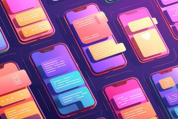 Fototapete - A collection of smartphones lit up with colorful stories and engaging short clips during an evening of digital exploration and social sharing. Generative AI