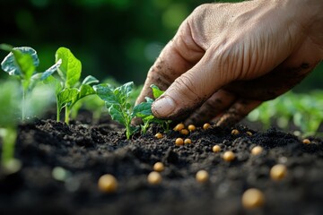 A hand carefully plants a young seedling in rich soil, surrounded by yellow fertilizer granules.