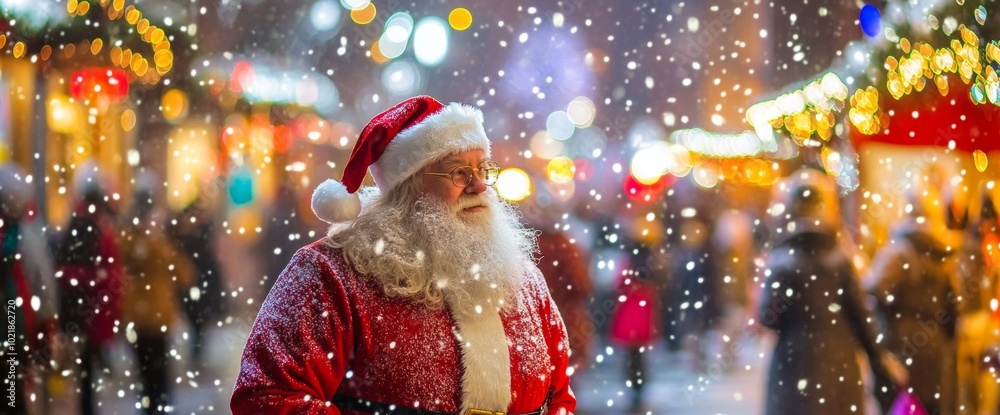 Santa Claus stands in a snowy winter wonderland during a festive ...