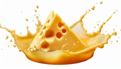 A block of orange color cheese with holes in a splash of more orange cheese liquid on a white background; isolate; diffused lighting