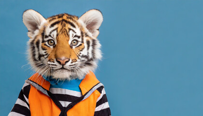 A playful tiger wearing a striped outfit and orange jacket against a blue background in a whimsical fashion pose