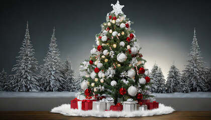 A beautifully decorated Christmas tree surrounded by gifts against a wintery forest backdrop with snow-covered trees