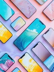 Leinwandbilder - Multiple smartphones showcase an array of stories and short videos, spread artistically across a bright and colorful background. Generative AI