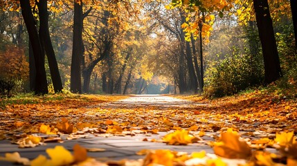 Wall Mural - Pathway through autumn forest with golden leaves and warm sunlight