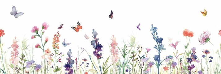 Poster - A beautiful meadow showcases a variety of blooming flowers while butterflies gracefully flutter among them under clear skies. Generative AI