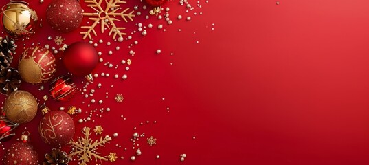 Wall Mural - a festive christmas background in red and gold with ornaments and snowflakes exudes a cheerful and e