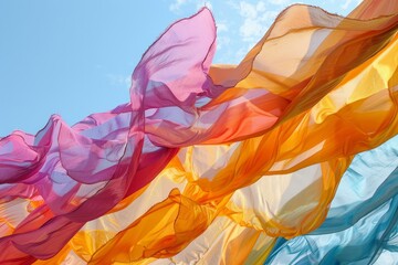 Poster - Transparent colorful fabrics are waving in the wind on blue sky background