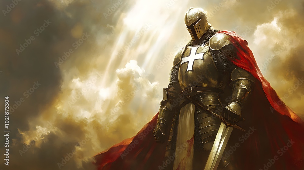 Knight in shining armor with a cross, a symbol of courage, faith, and ...