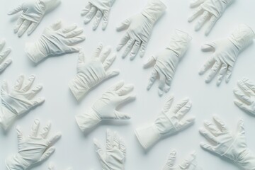 Poster - Multiple pairs of sterile medical gloves are neatly laid out on a white background, highlighting their readiness for medical procedures. Generative AI