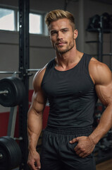 Athlete poses confidently in a dressing room, showcasing strength and preparation for a training session.