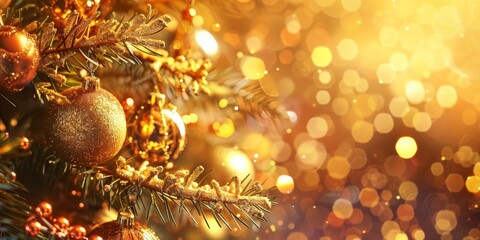 Wall Mural - golden christmas tree with glittering ornaments in warm light